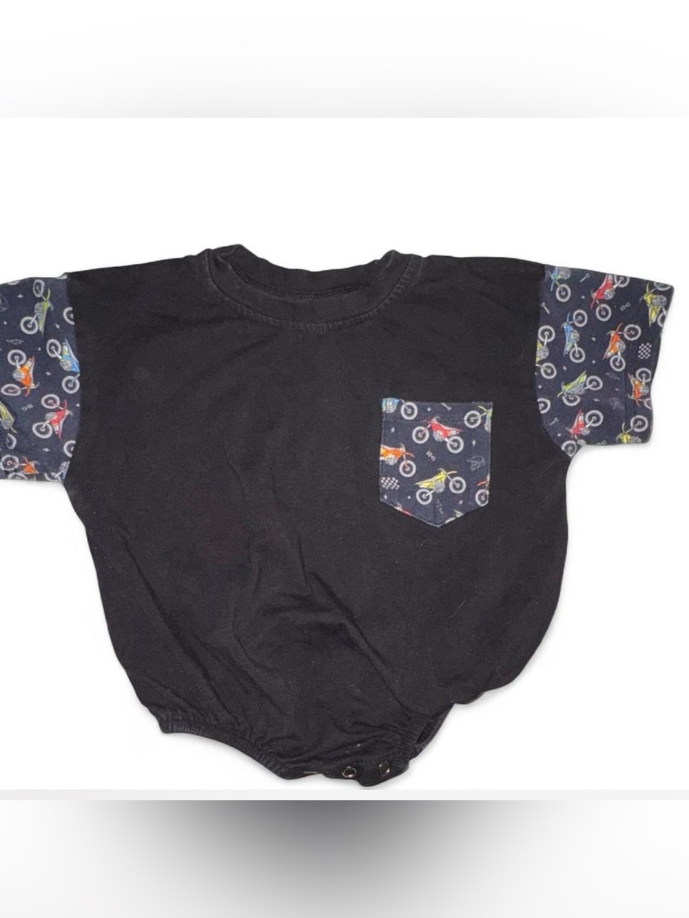 Black Short-Sleeve Kids One-Piece with Motorcycle Pocket